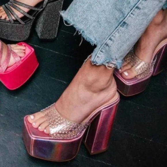 Steve Madden Ruby Embellished Heeled Platform Sandals Iridescent Pink - Picture 12 of 14